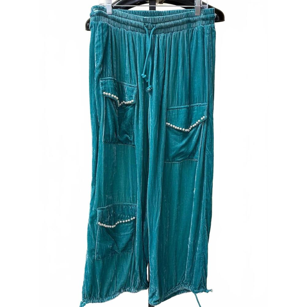 NEW A RARE BIRD women's velvet genie pants in turq